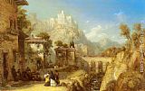 Mediterranean Canvas Paintings - A Mediterranean Landscape with Villagers